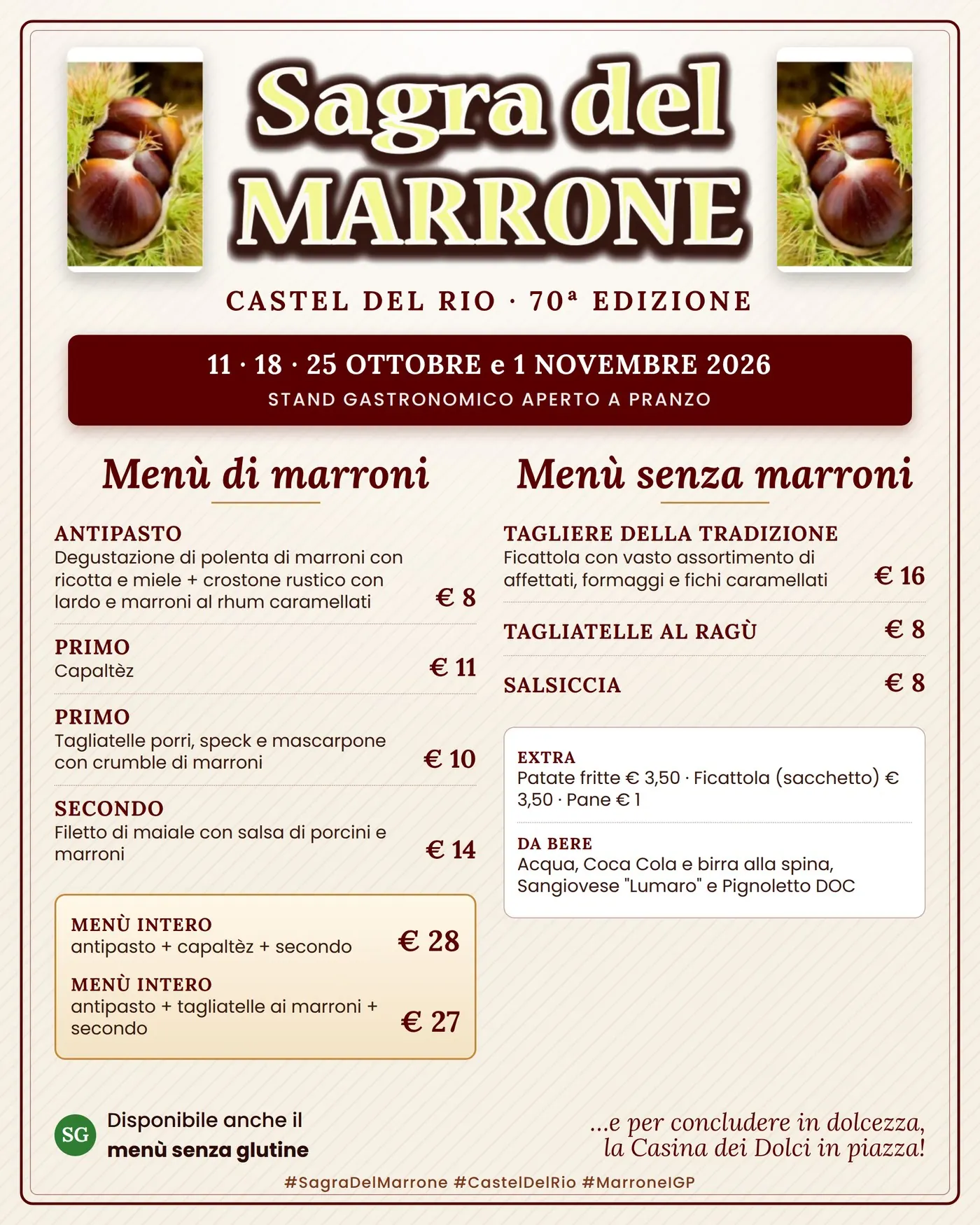 Menù dello stand gastronomico della 70ª Sagra del Marrone 2026
