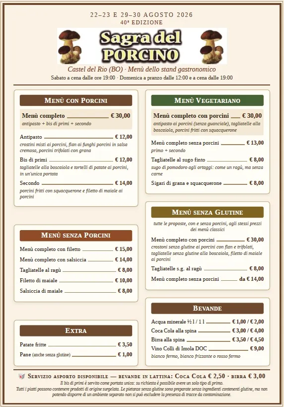 Menù dello stand gastronomico della 40ª Sagra del Porcino 2026