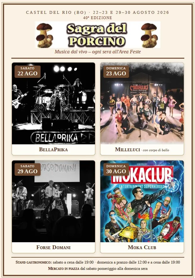 Programma musicale della 40ª Sagra del Porcino 2026